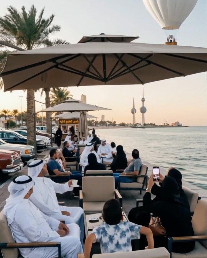CGI-generated Kuwait coastal promenade scene with seated guests, umbrellas and the Kuwait Towers at sunset